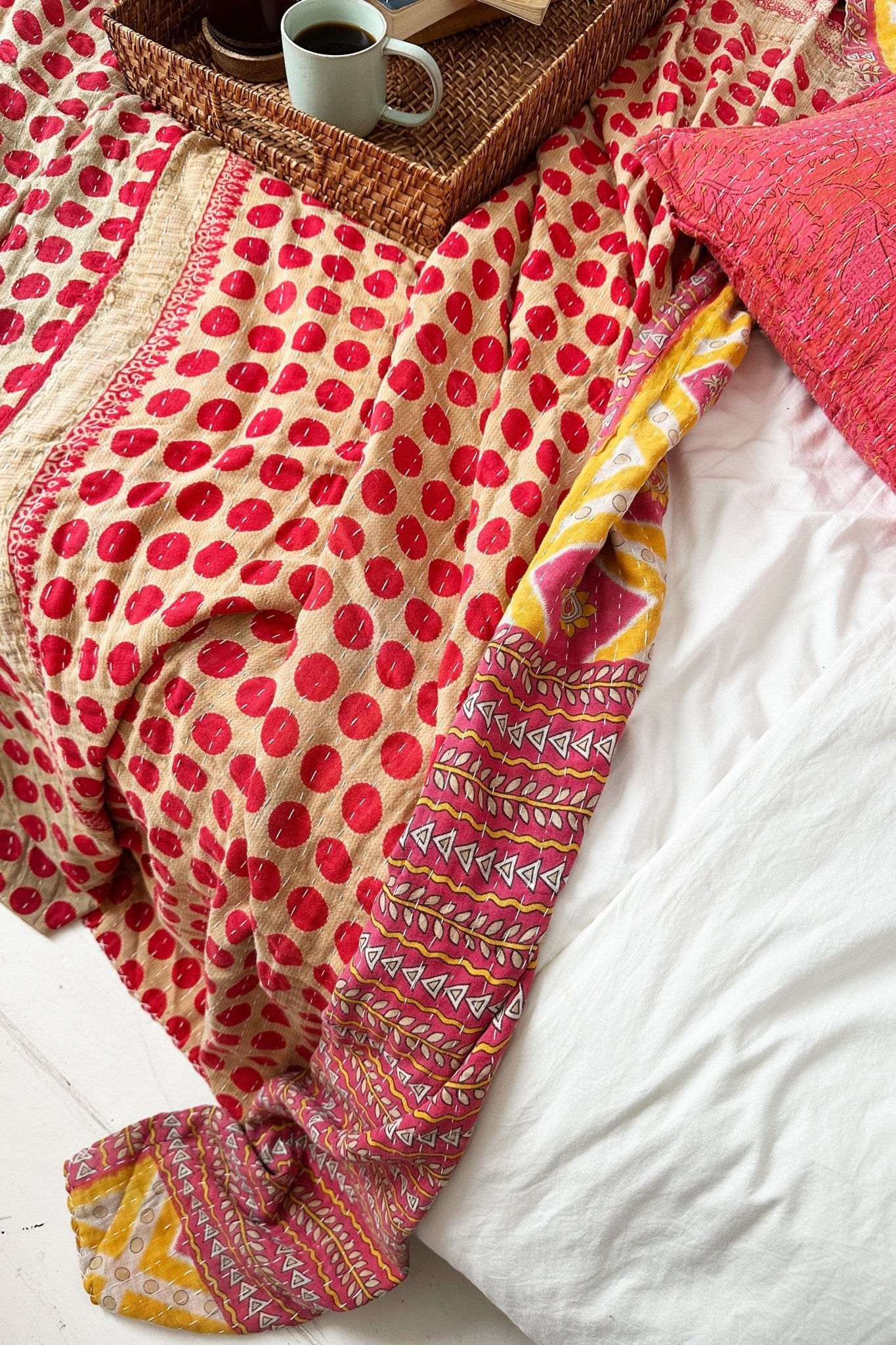 Large Vintage Kantha Quilt With Red Polka Dots and Diamond Pattern - Biggs & Hill