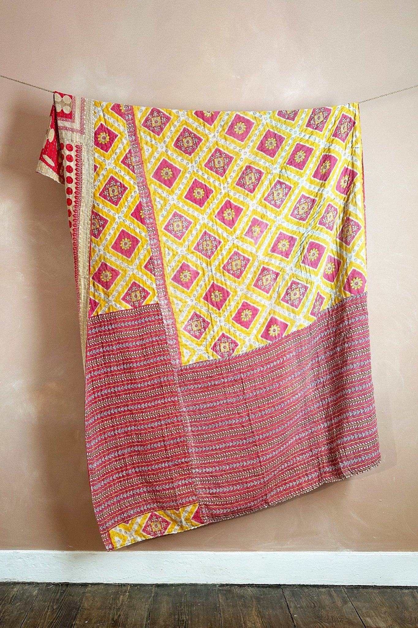 Large Vintage Kantha Quilt With Red Polka Dots and Diamond Pattern - Biggs & Hill