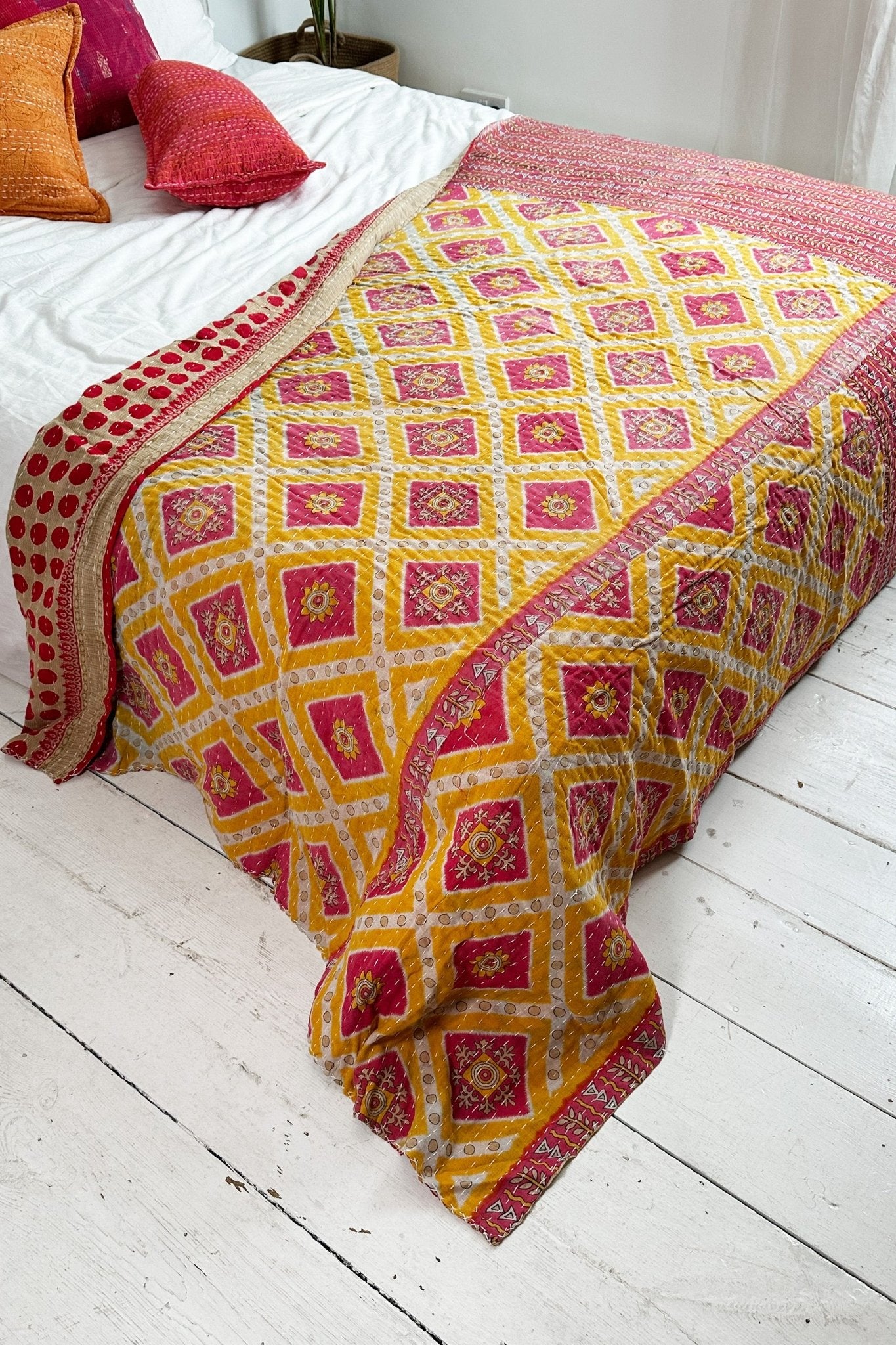 Large Vintage Kantha Quilt With Red Polka Dots and Diamond Pattern - Biggs & Hill