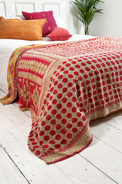 Large Vintage Kantha Quilt With Red Polka Dots and Diamond Pattern - Biggs & Hill