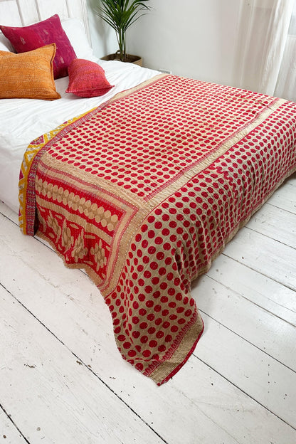 Large Vintage Kantha Quilt With Red Polka Dots and Diamond Pattern - Biggs & Hill