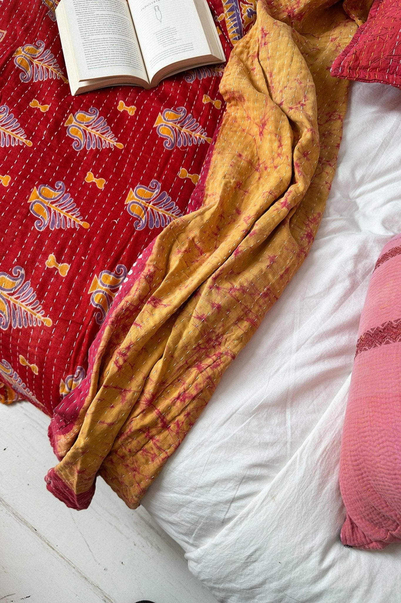 Large Vintage Kantha Quilt In Red And Yellow Batik and Florals - Biggs & Hill