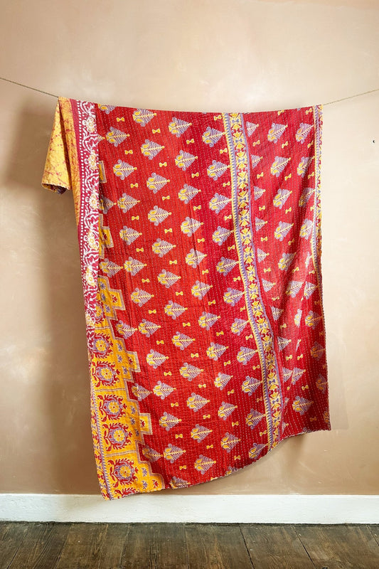 Large Vintage Kantha Quilt In Red And Yellow Batik and Florals - Biggs & Hill