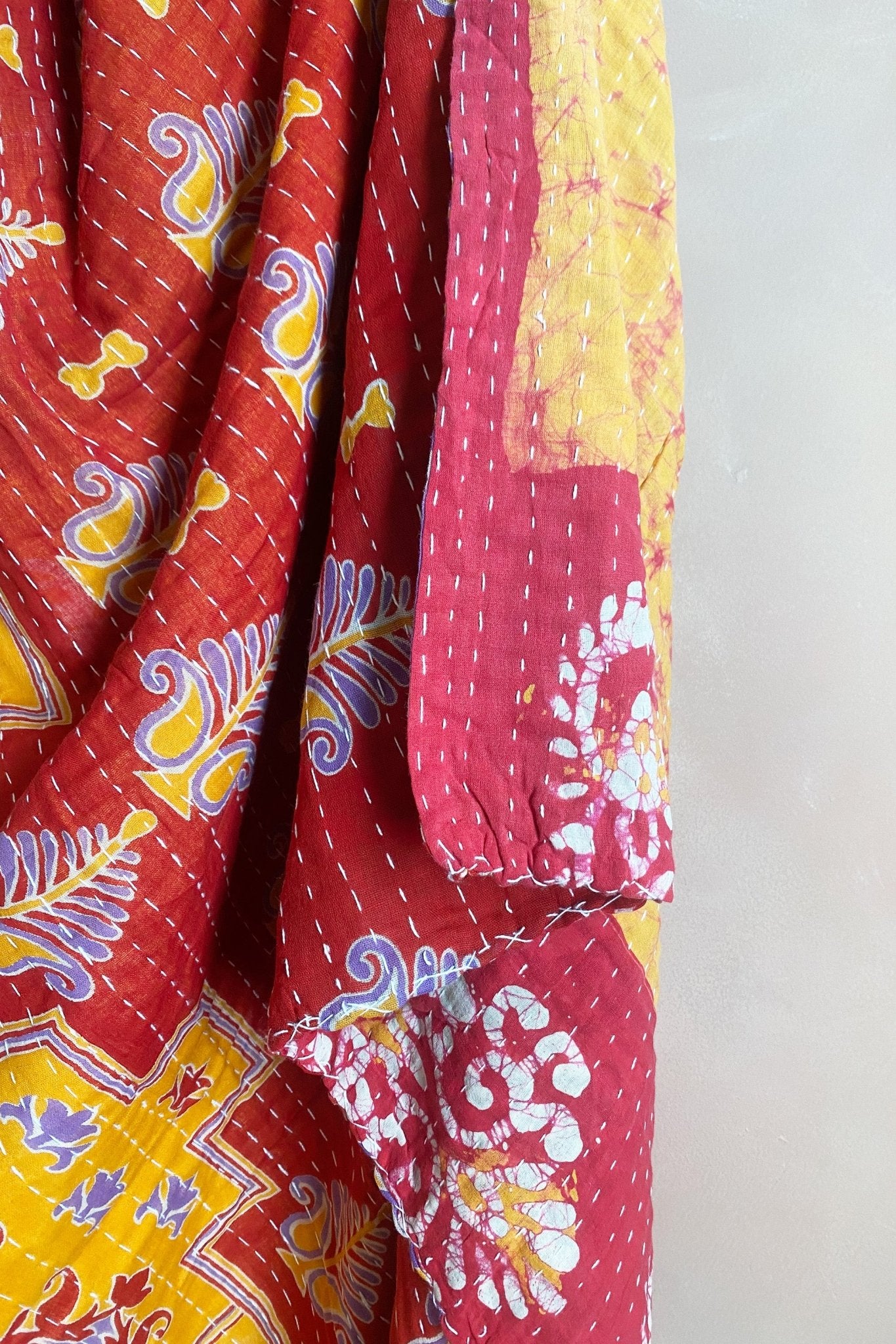 Large Vintage Kantha Quilt In Red And Yellow Batik and Florals - Biggs & Hill