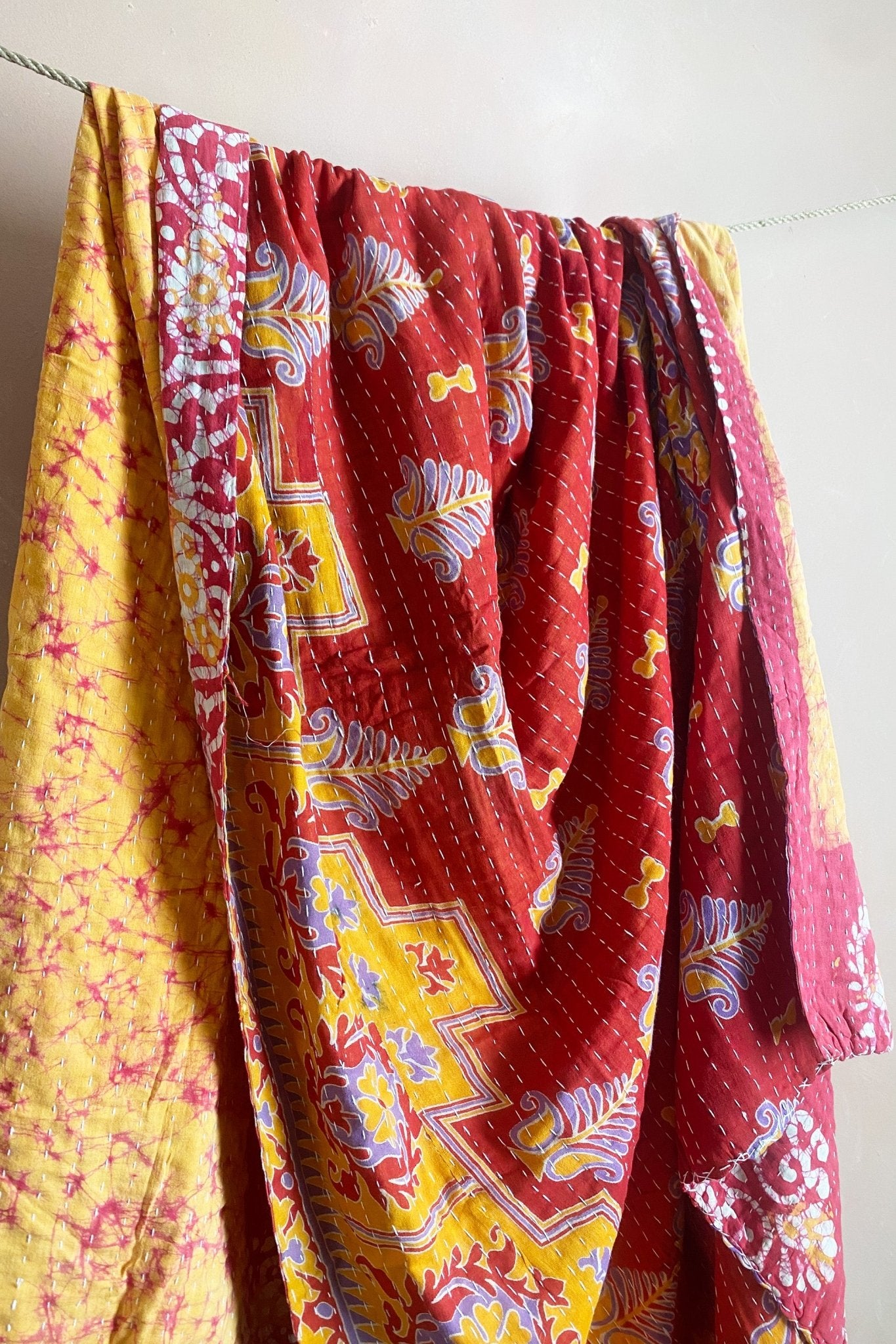 Large Vintage Kantha Quilt In Red And Yellow Batik and Florals - Biggs & Hill