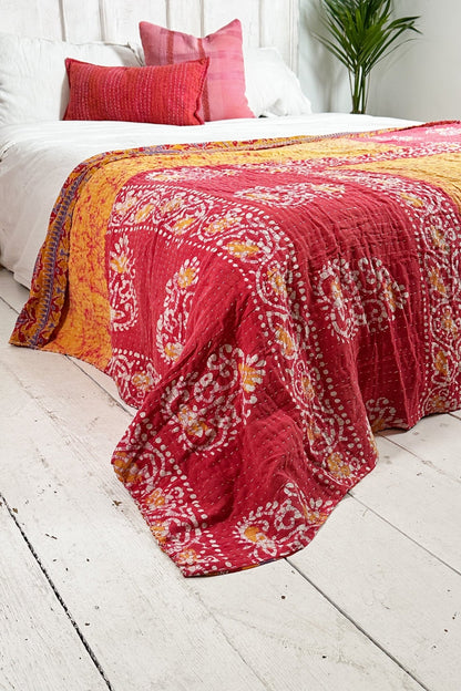 Large Vintage Kantha Quilt In Red And Yellow Batik and Florals - Biggs & Hill