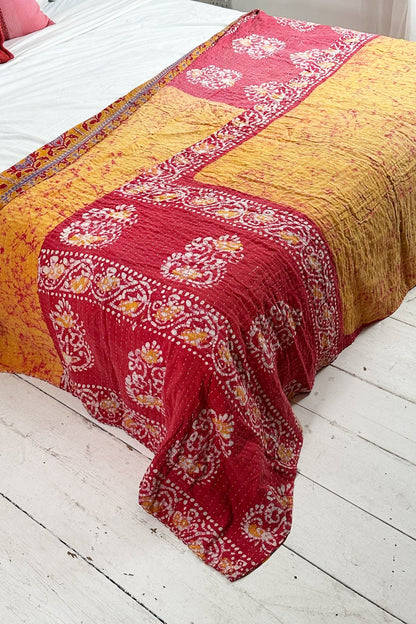 Large Vintage Kantha Quilt In Red And Yellow Batik and Florals - Biggs & Hill