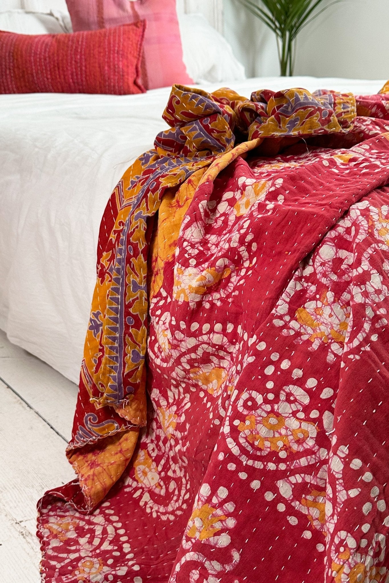 Large Vintage Kantha Quilt In Red And Yellow Batik and Florals - Biggs & Hill