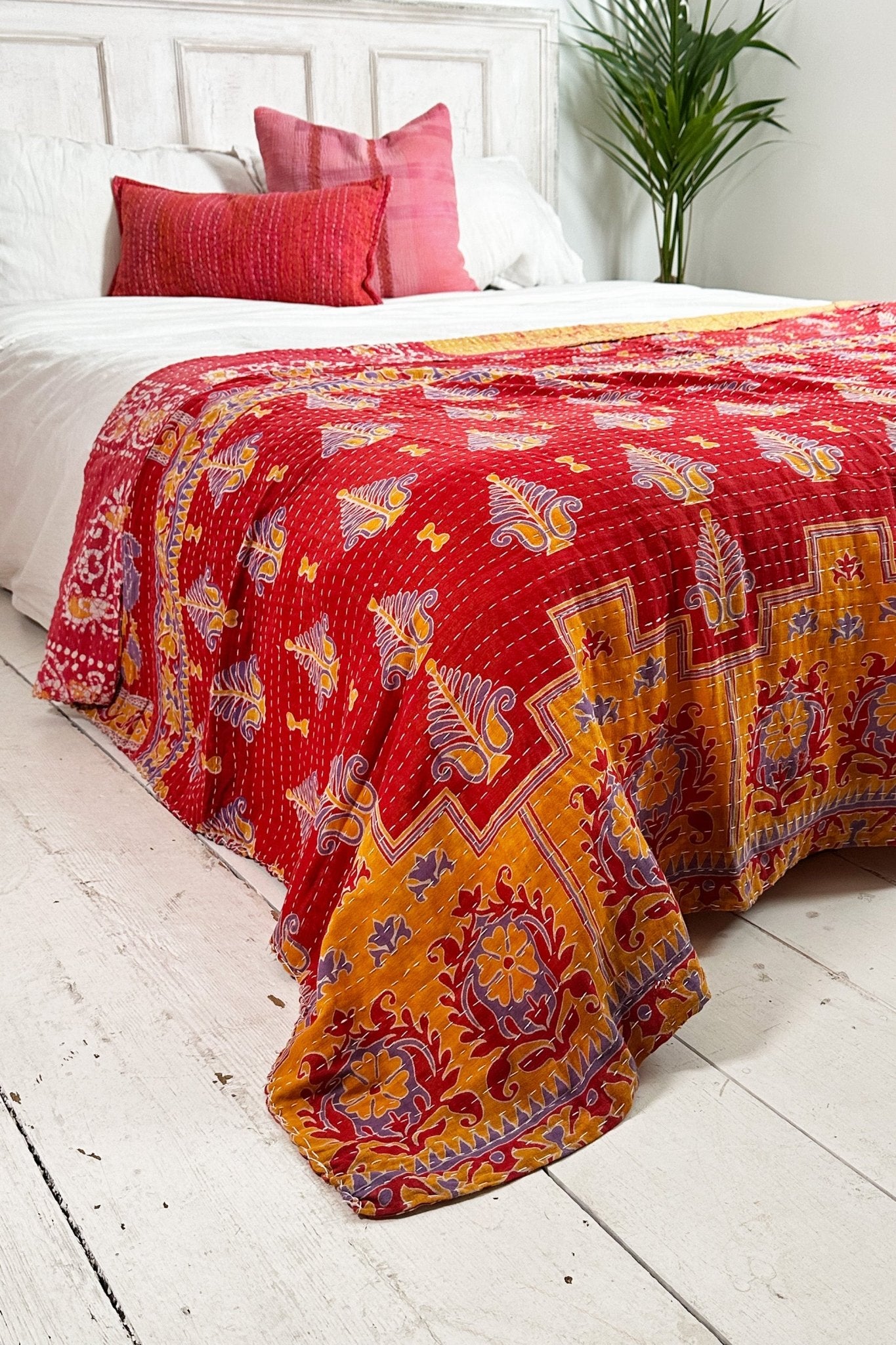 Large Vintage Kantha Quilt In Red And Yellow Batik and Florals - Biggs & Hill