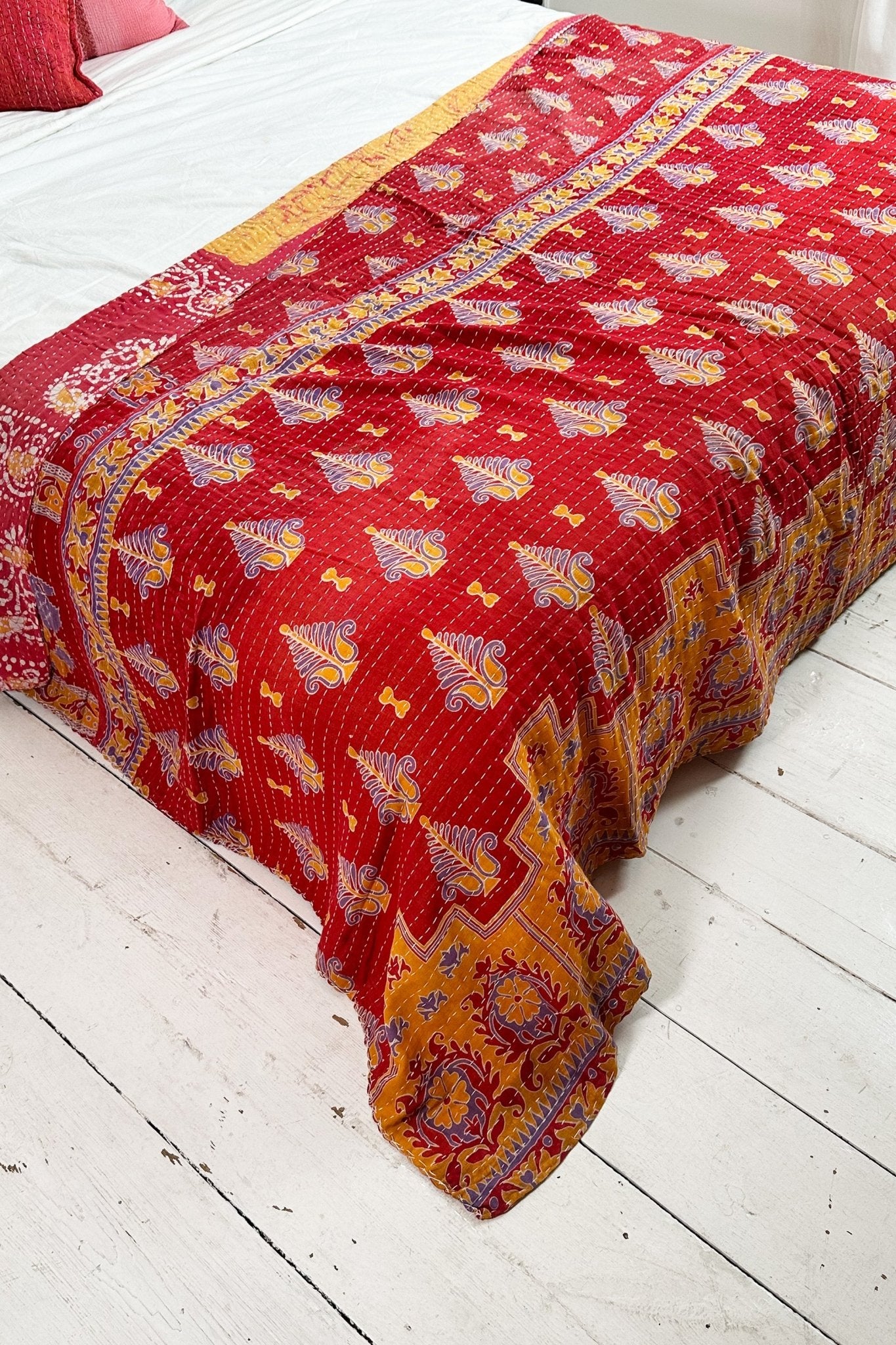 Large Vintage Kantha Quilt In Red And Yellow Batik and Florals - Biggs & Hill