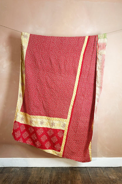 Large Vintage Kantha Quilt In Red, Pink And Yellow Diamond Patterns - Biggs & Hill