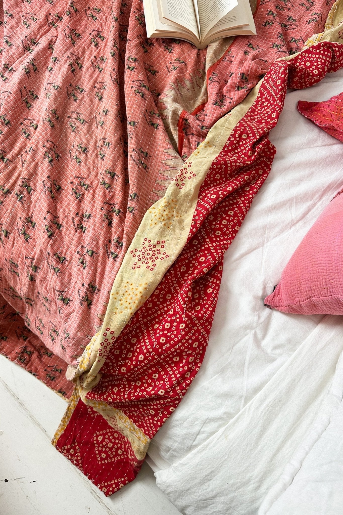 Large Vintage Kantha Quilt In Red, Pink And Yellow Diamond Patterns - Biggs & Hill