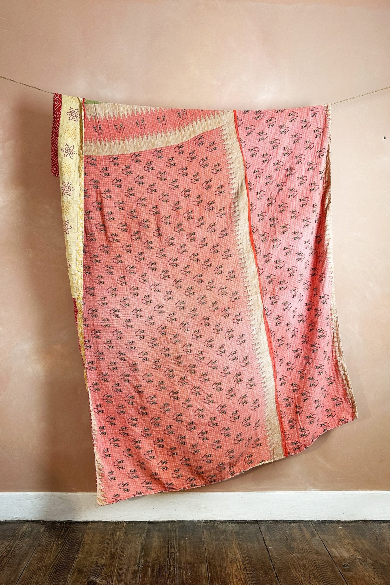 Large Vintage Kantha Quilt In Red, Pink And Yellow Diamond Patterns - Biggs & Hill