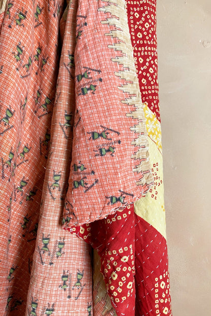 Large Vintage Kantha Quilt In Red, Pink And Yellow Diamond Patterns - Biggs & Hill