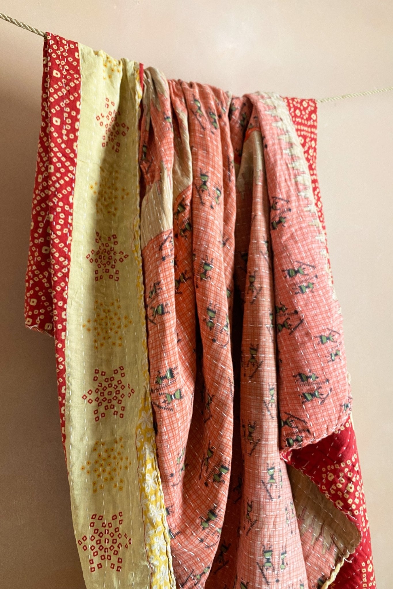 Large Vintage Kantha Quilt In Red, Pink And Yellow Diamond Patterns - Biggs & Hill