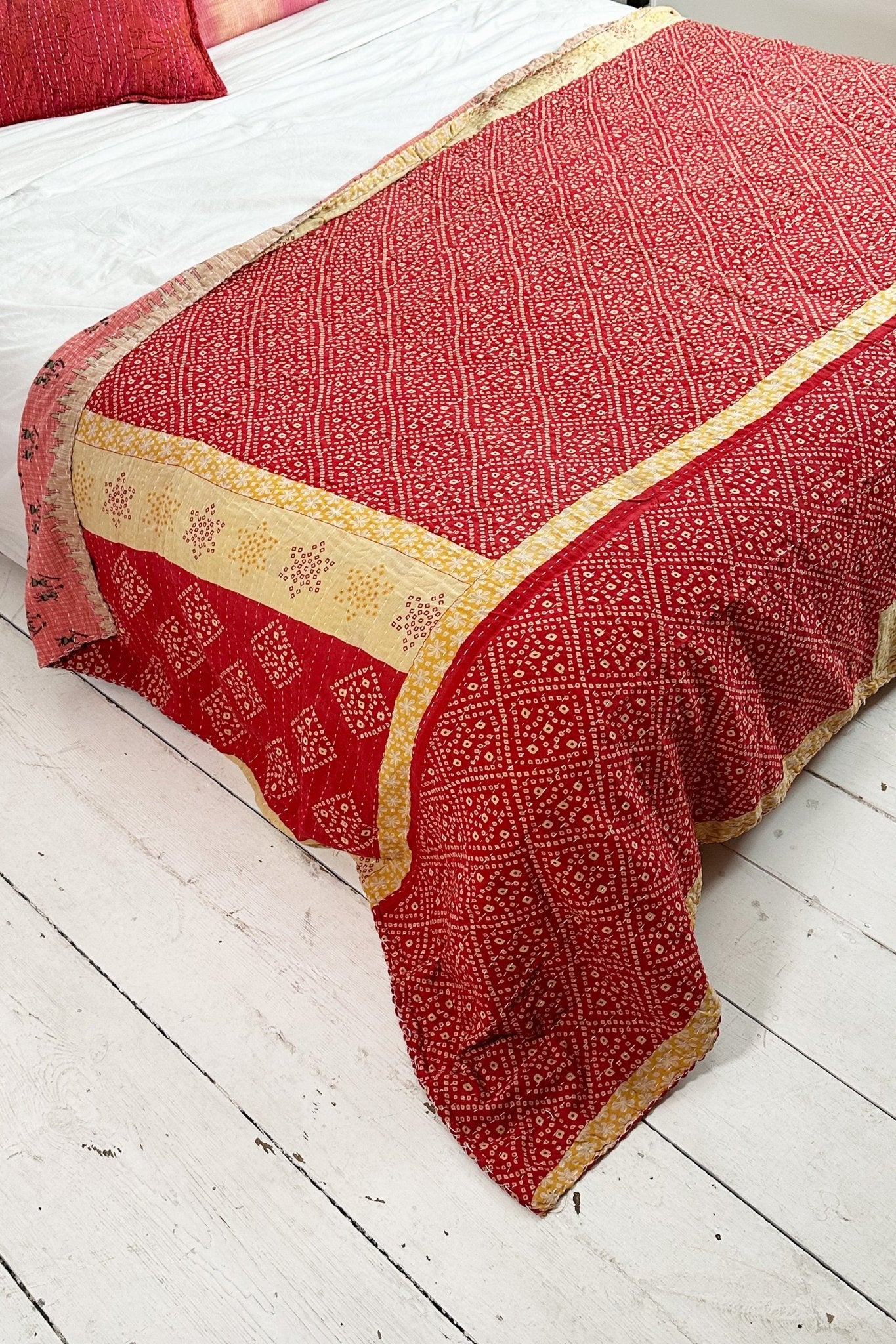 Large Vintage Kantha Quilt In Red, Pink And Yellow Diamond Patterns - Biggs & Hill