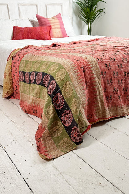 Large Vintage Kantha Quilt In Red, Pink And Yellow Diamond Patterns - Biggs & Hill