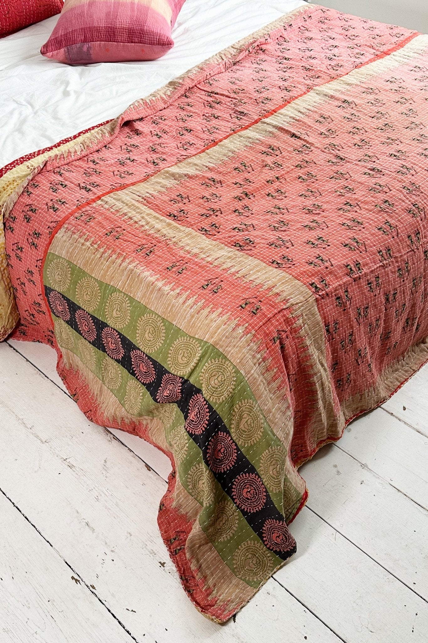 Large Vintage Kantha Quilt In Red, Pink And Yellow Diamond Patterns - Biggs & Hill