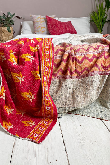 Large Vintage Kantha Quilt In Red and White - Biggs & Hill - Vintage Kantha Quilts - boho bed throw - boho bedcover