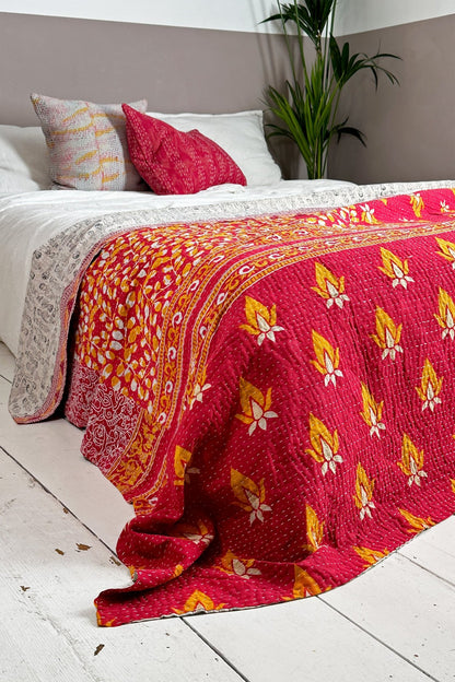 Large Vintage Kantha Quilt In Red and White - Biggs & Hill - Vintage Kantha Quilts - boho bed throw - boho bedcover