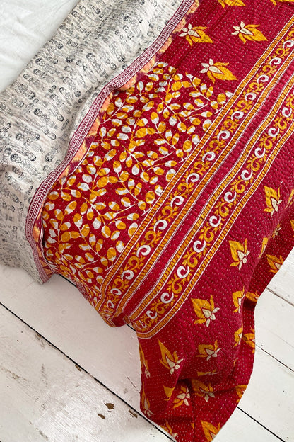 Large Vintage Kantha Quilt In Red and White - Biggs & Hill - Vintage Kantha Quilts - boho bed throw - boho bedcover