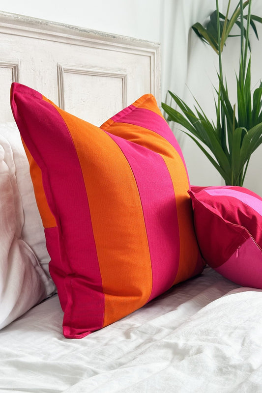 Pink and Orange Candy Striped Cotton Square Cushion - Biggs & Hill