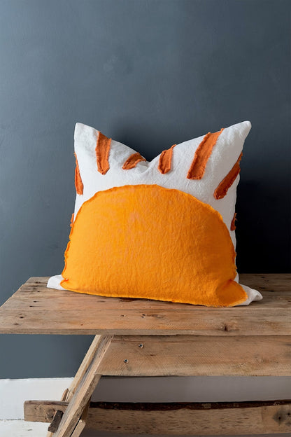 Sunset Orange and White Cushion With Abstract Sun Pattern - Biggs & Hill - Cotton and Linen