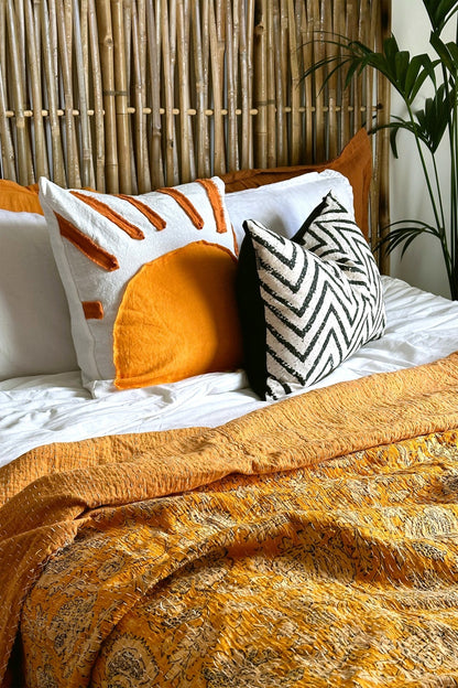 Sunset Orange and White Cushion With Abstract Sun Pattern - Biggs & Hill - Cotton and Linen