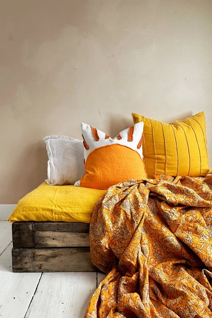 Sunset Orange and White Cushion With Abstract Sun Pattern - Biggs & Hill - Cotton and Linen