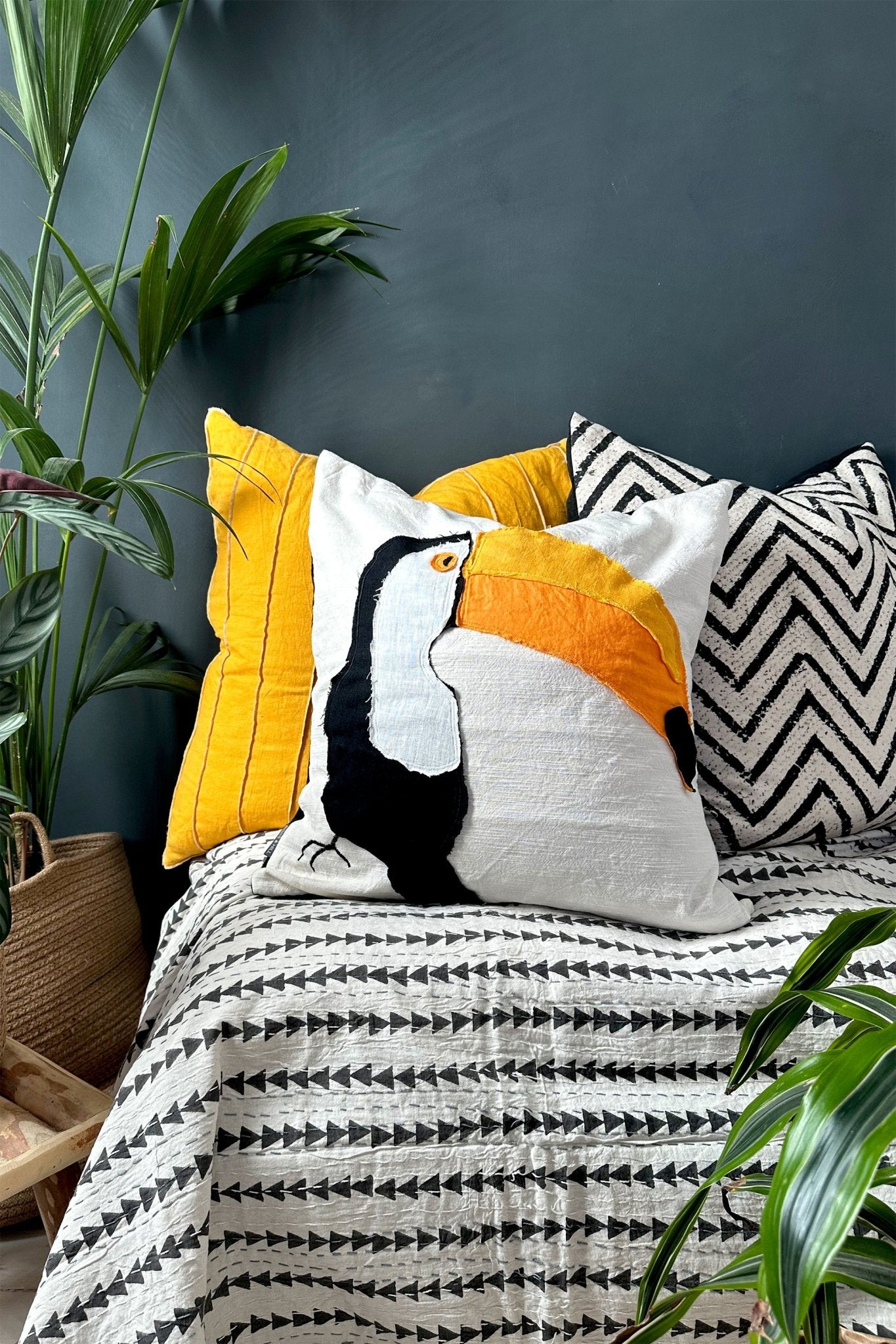 TOUCAN! Handmade Appliqué Linen ushion - Biggs & Hill - Cushion Covers - abstract cushion - boho cushion - colourful cushion