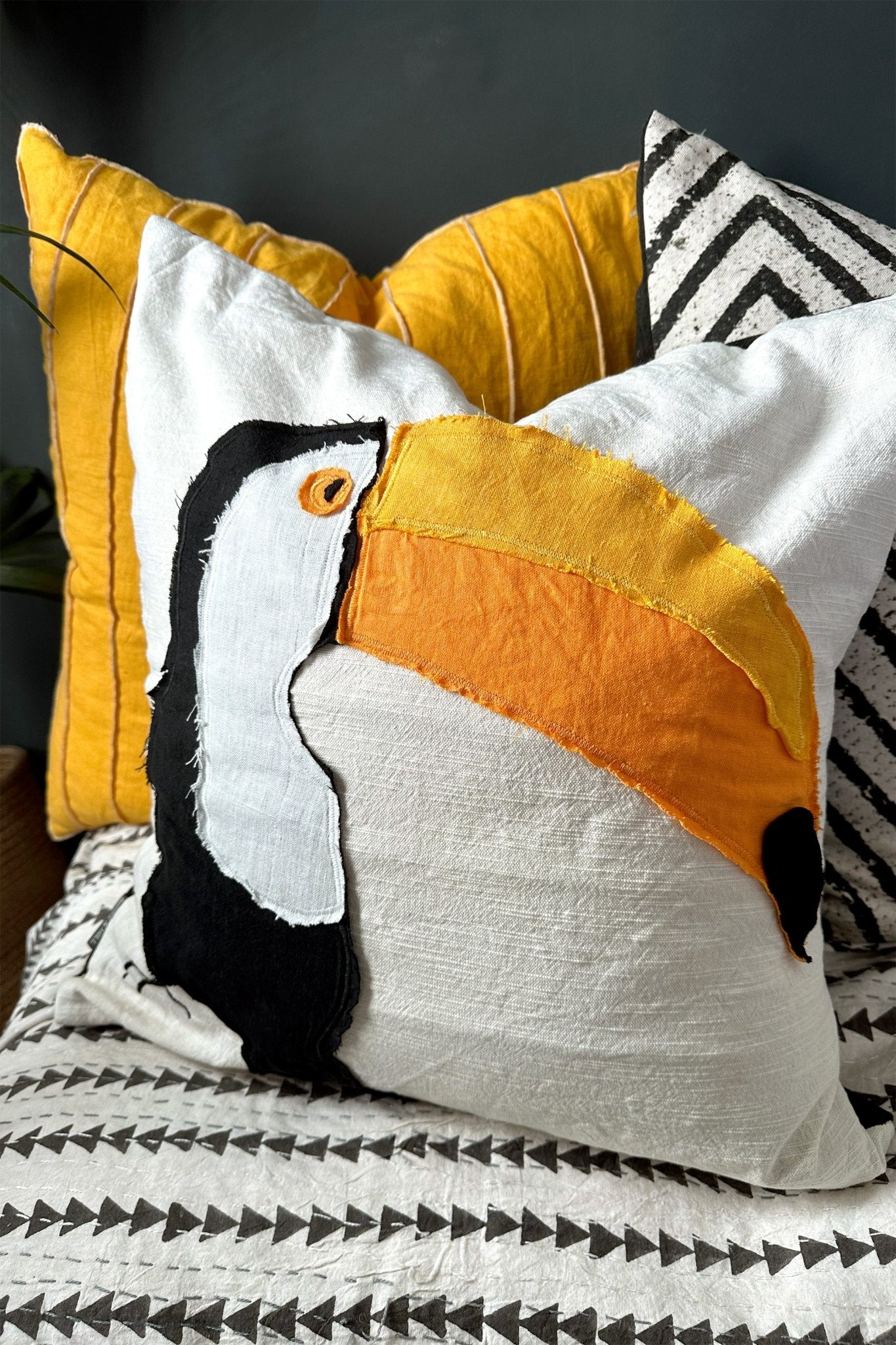 TOUCAN! Handmade Appliqué Linen Cushion - Biggs & Hill - Colourful Decor - Bird Cushion - Black White and Orange