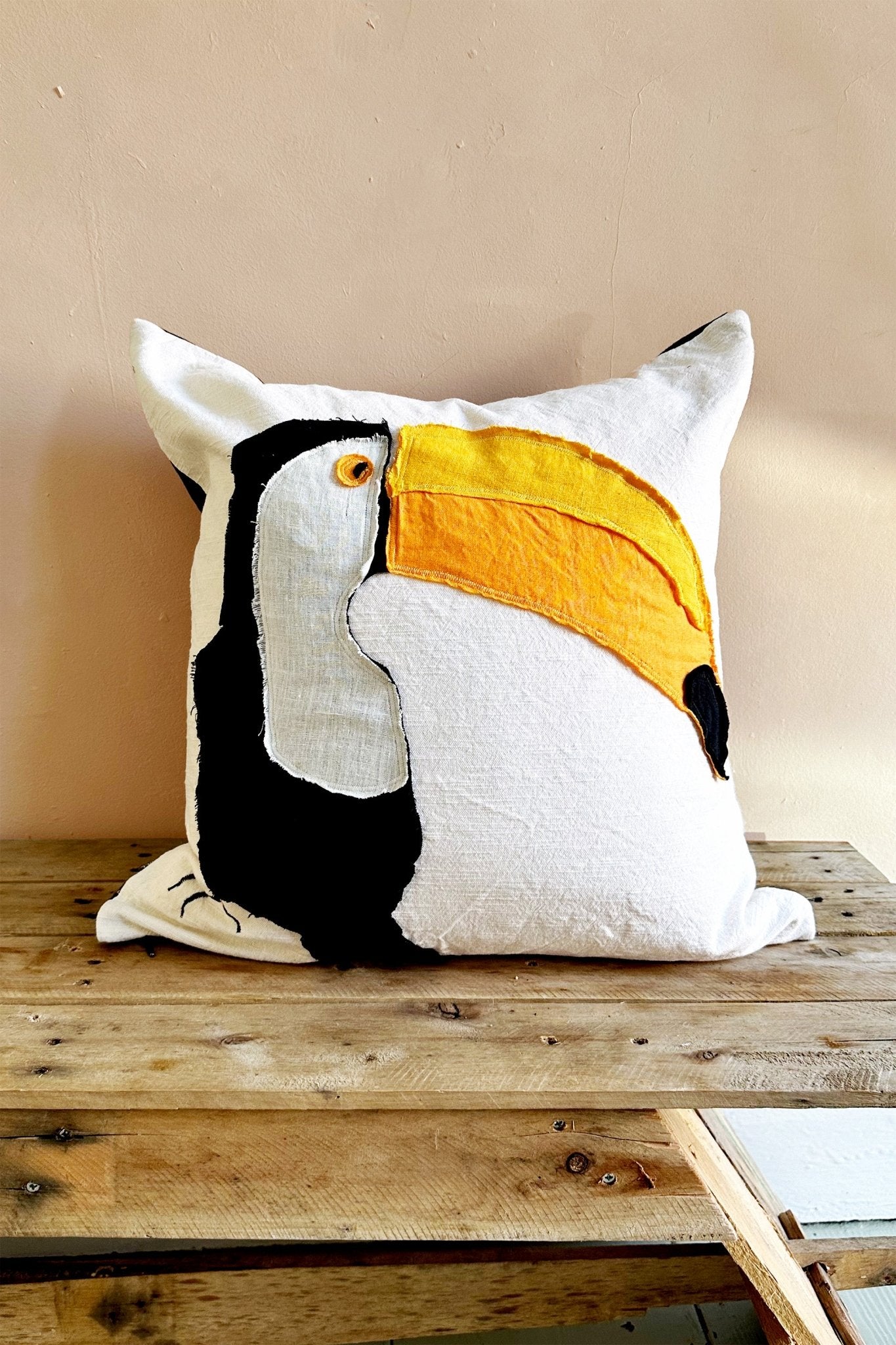 TOUCAN! Handmade Appliqué Linen Cushion - Biggs & Hill - Colourful Decor - Bird Cushion - Black White and Orange