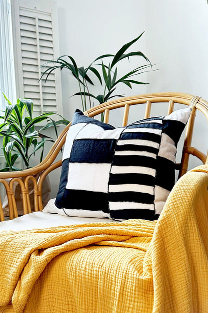 Black and White Stripe Abstract Tribal Linen Cushion - Biggs & Hill