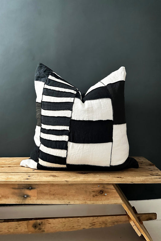Black and White Stripe Abstract Tribal Linen Cushion - Biggs & Hill - Cushion Covers - abstract cushion - black stripe cushion - black white cushion