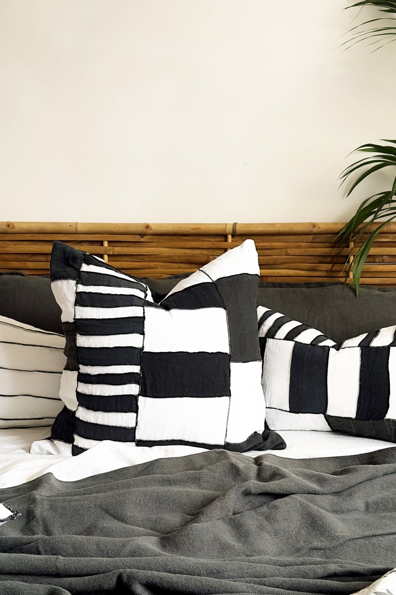 Black and White Stripe Abstract Tribal Linen Cushion - Biggs & Hill