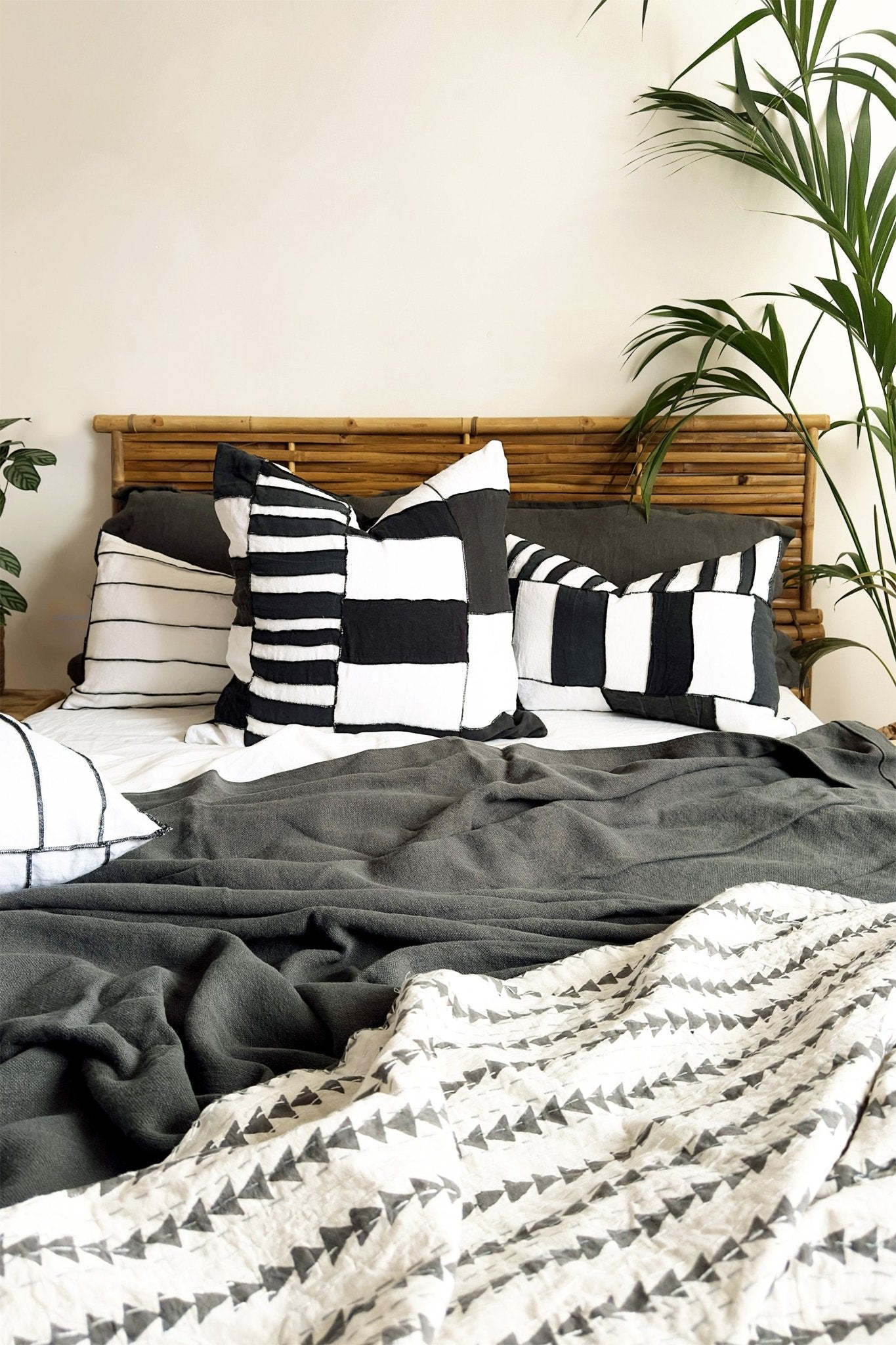 Black and White Stripe Abstract Tribal Linen Cushion - Biggs & Hill