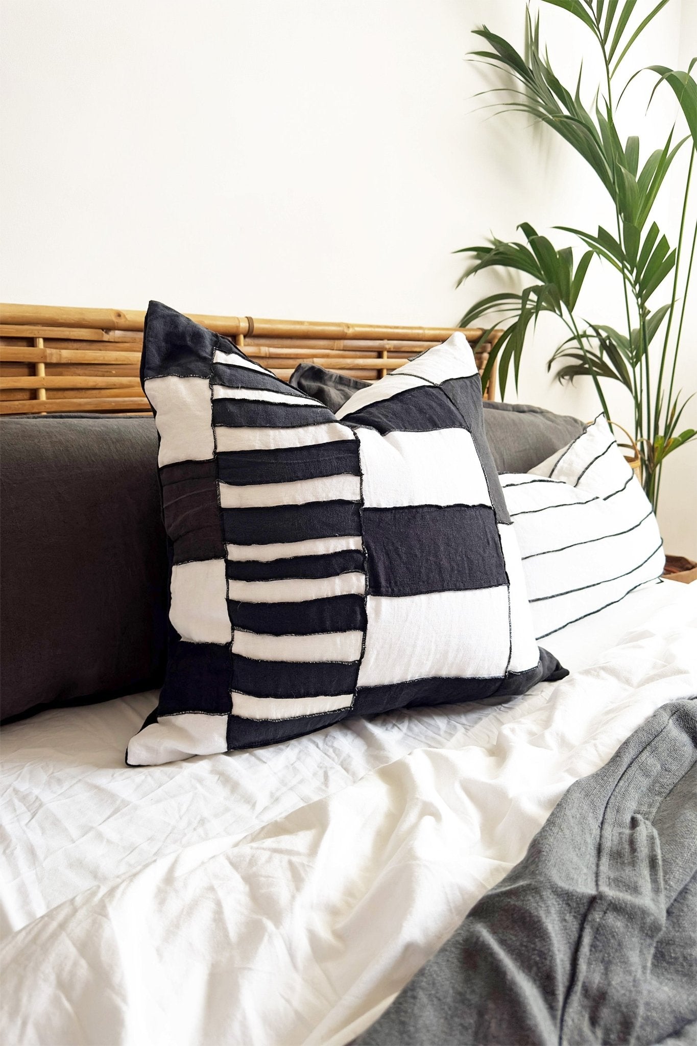 Black and White Stripe Abstract Tribal Linen Cushion - Biggs & Hill