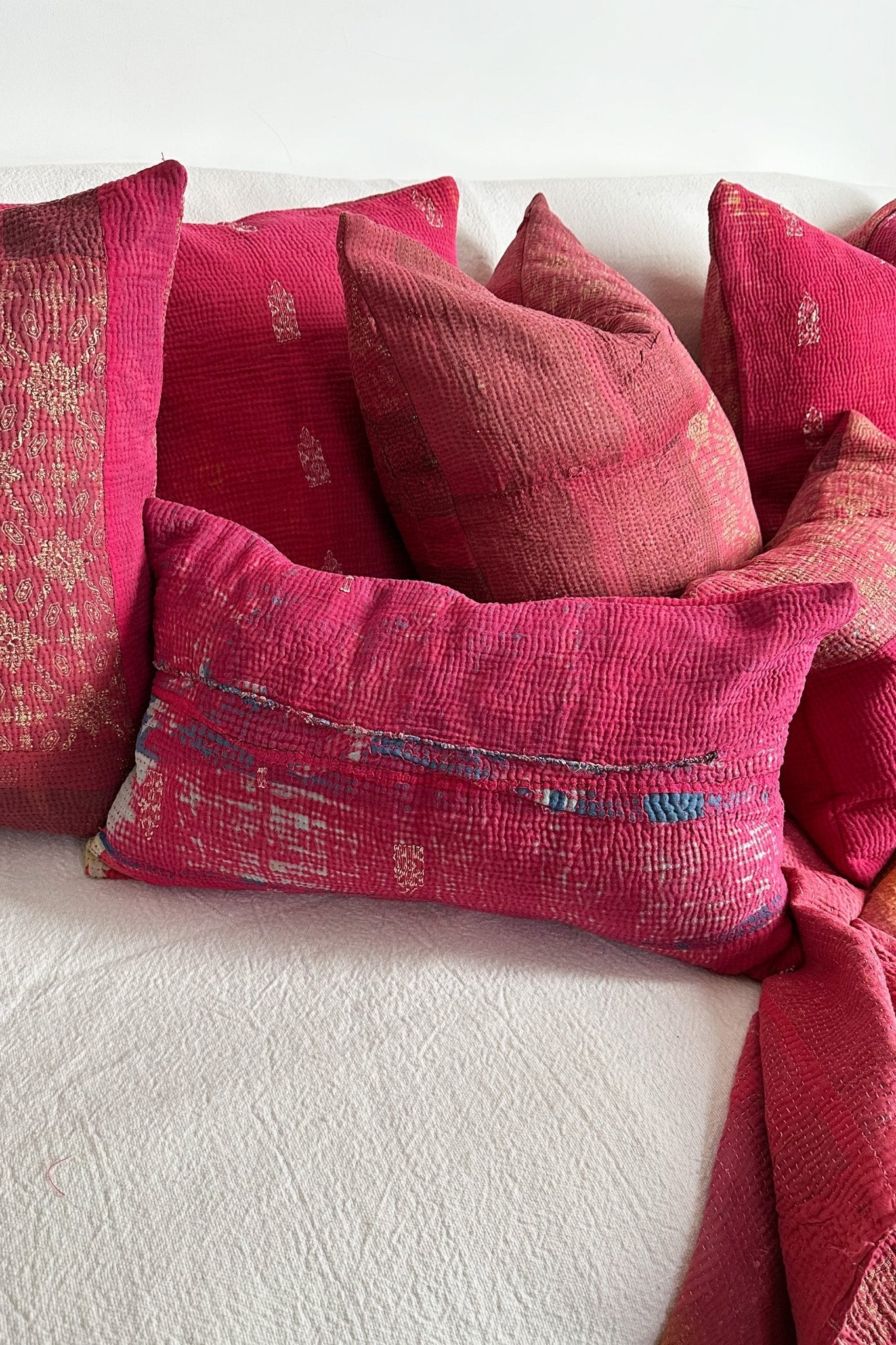 Rectangular Vintage Kantha Cushion In Shades of Pink - Biggs & Hill