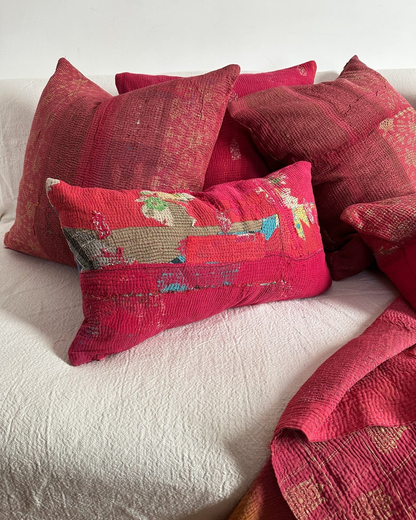 Rectangular Vintage Kantha Cushion In Shades of Pink - Biggs & Hill