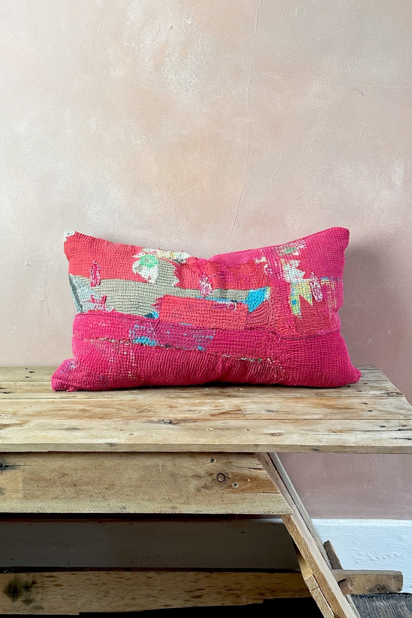 Rectangular Vintage Kantha Cushion In Shades of Pink - Biggs & Hill