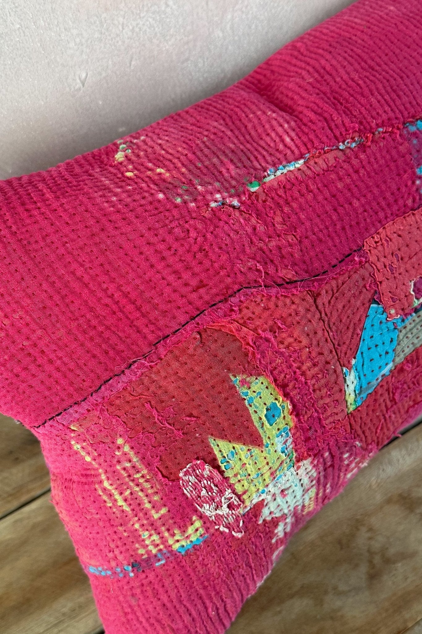 Rectangular Vintage Kantha Cushion In Shades of Pink - Biggs & Hill