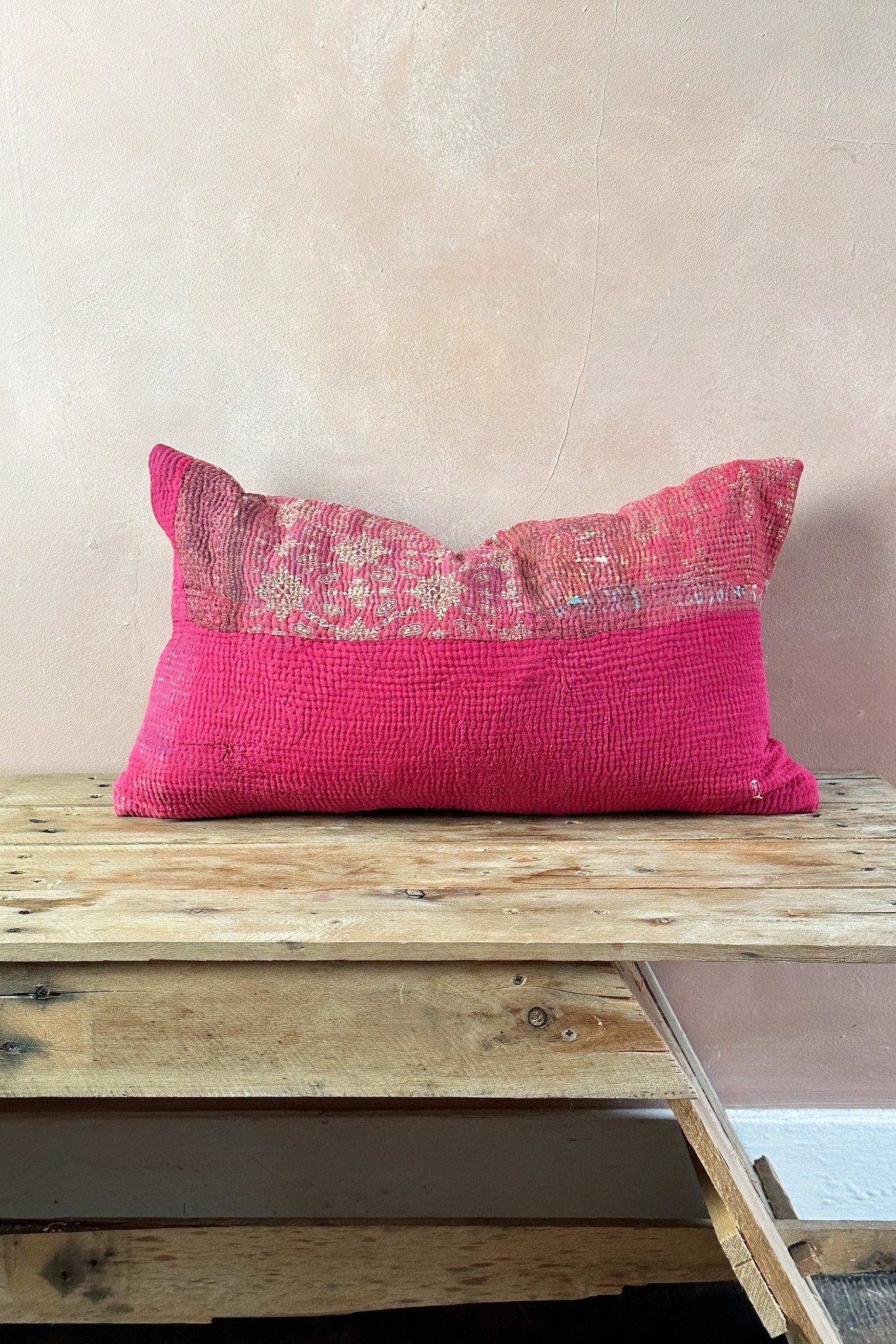 Rectangular Vintage Kantha Cushion In Shades of Pink - Biggs & Hill