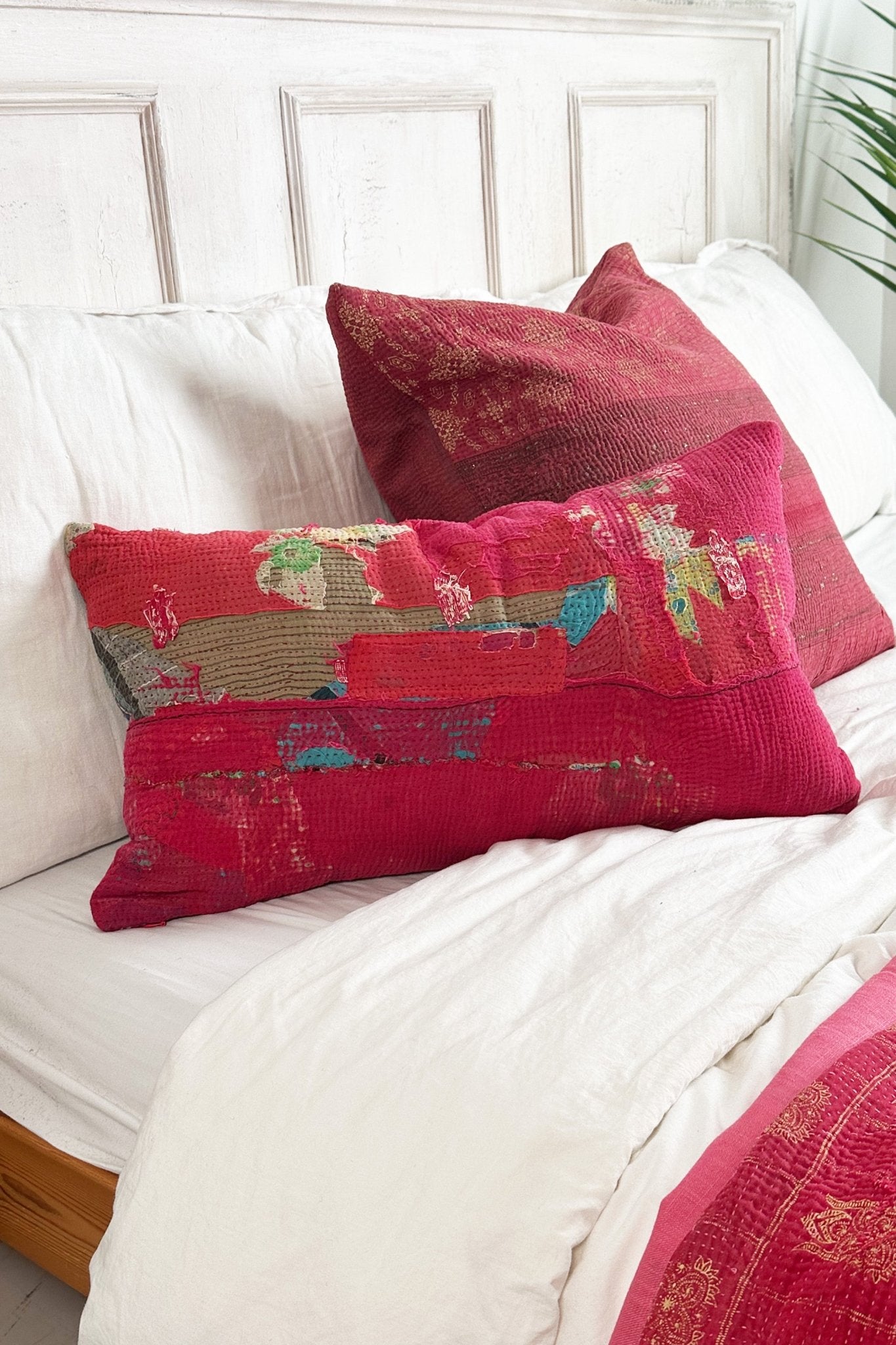 Rectangular Vintage Kantha Cushion In Shades of Pink - Biggs & Hill