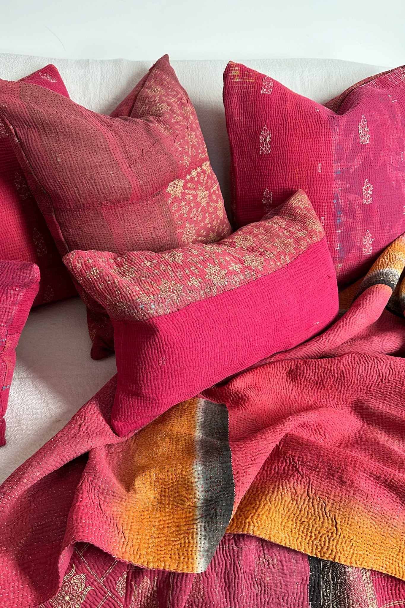 Rectangular Vintage Kantha Cushion In Shades of Pink - Biggs & Hill