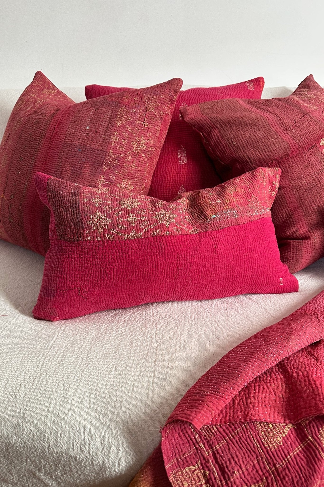 Rectangular Vintage Kantha Cushion In Shades of Pink - Biggs & Hill