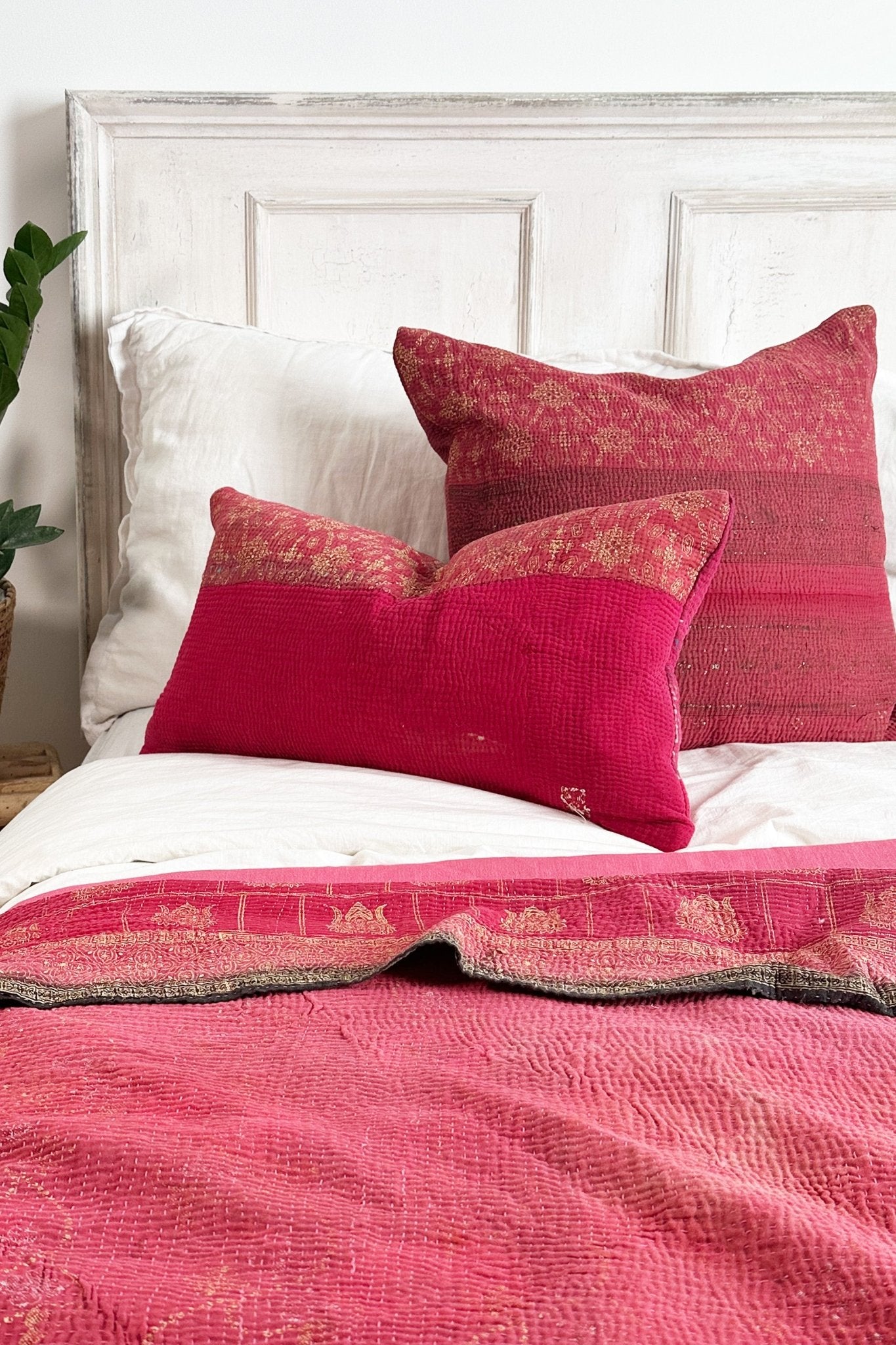 Rectangular Vintage Kantha Cushion In Shades of Pink - Biggs & Hill