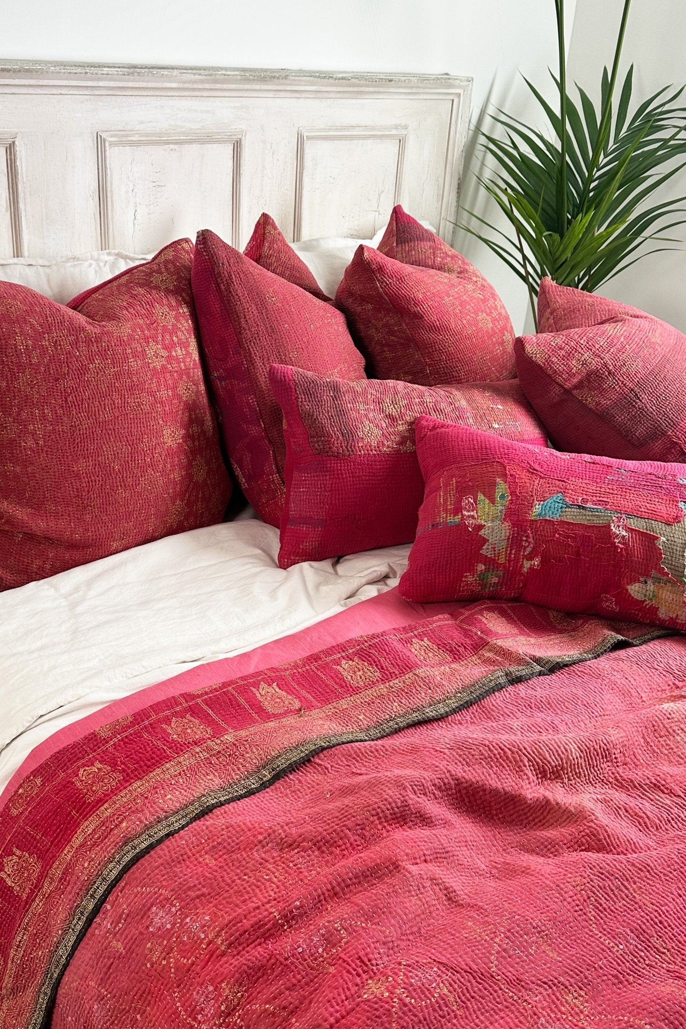 Rectangular Vintage Kantha Cushion In Shades of Pink - Biggs & Hill