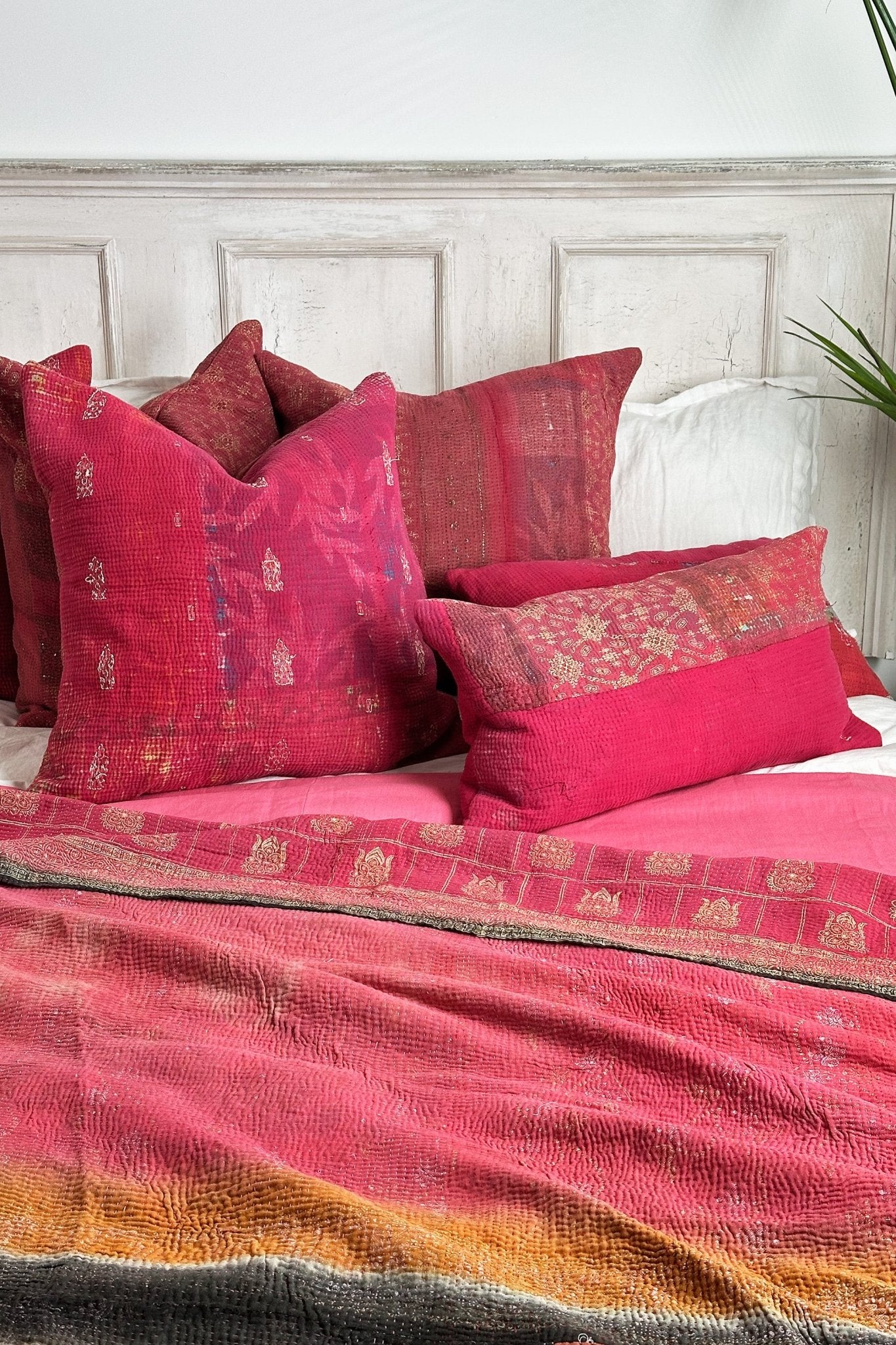 Rectangular Vintage Kantha Cushion In Shades of Pink - Biggs & Hill