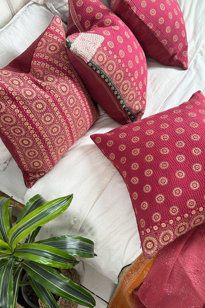 One - Off Deep Pink Square Vintage Kantha Cushion 50cm - Biggs & Hill