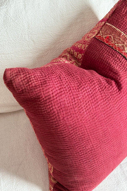 One - Off Deep Pink Square Vintage Kantha Cushion 50cm - Biggs & Hill